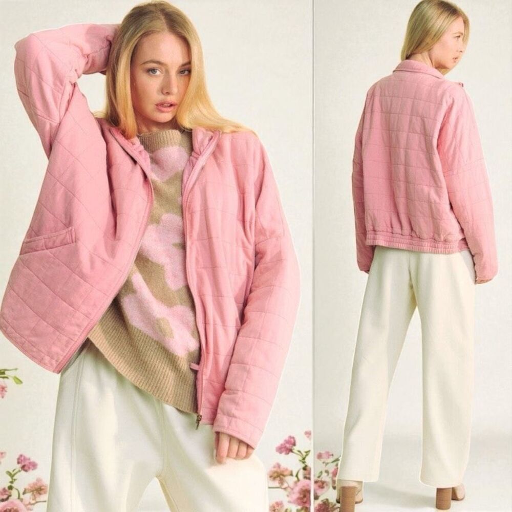 Dusty Rose Pink Quilted Zip Up Dropped Shoulder Jacket Large NEW - Davi & Dani